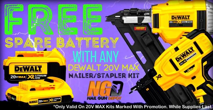 Free Battery with any Dewalt 20V Max Nailer/Stapler Kit