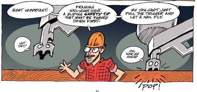 Comic book from NIOSH and CDC illustrates proper nail gun use and firing types and