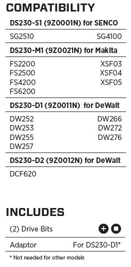Senco DS3 DuraSpin Attachment Compatibility Chart