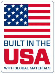 Infographic of an american flag with text below saying "built in the USA with global materials"